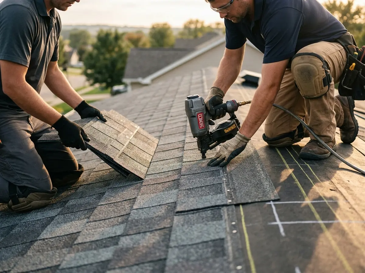 Professional roofer working on a residential roof in Johnson City